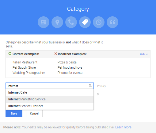 Google My Business Category Section